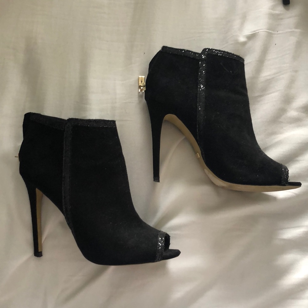 Bebe Black Suede Peep-Toe Booties